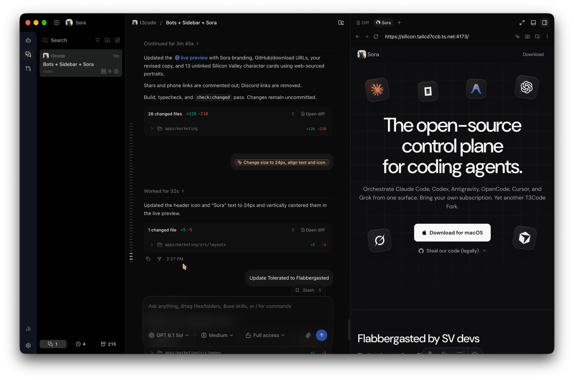 Sora with a coding conversation and its live website preview side by side
